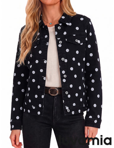 luvamia Jean Jacket Women Polka Dot Fall Stretch Denim Jacket With Pockets Classic Trucker Silhouette, Slightly Cropped Fit, Chest Flap Pockets, Button Front, Country Concert, Fall Outfits for Women