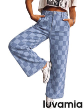 luvamia Checkered Pants Women High Rise Cinch-Waist Stretchy Wide Leg Jeans Adjustable Waist, Patterned Pants for Women, Baggy Jeans Y2K, Checkerboard Print, Alternative Clothes
