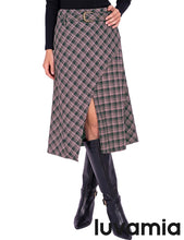 luvamia Plaid Midi Skirts for Women High Waist A-Line Fall Skirt with Belt Front Slit Opening, Asymmetrical Front Hem, Overlapping Front Panel, Diagonal Plaid Pattern, Back Elastic Waist, Fall Outfits