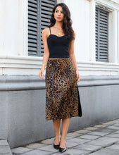 luvamia Satin Skirts for Women Leopard Slit Lace Trim A Line Midi Skirt Hidden Elastic Waistband, High Waisted Stretchy Slip Skirt, Flowy Animal Cheetah Print, Casual Side Split Bias Cut Skirts