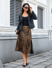 luvamia Satin Skirts for Women Leopard Slit Lace Trim A Line Midi Skirt Hidden Elastic Waistband, High Waisted Stretchy Slip Skirt, Flowy Animal Cheetah Print, Casual Side Split Bias Cut Skirts
