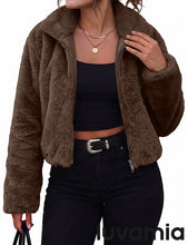 luvamia Faux Fur Jackets for Women Fall Cropped Coat Fuzzy Winter Outerwear Zip Up Front, Modern Retro Style, Lapel Collar, Drop Shoulder, Long Sleeve, Autumn Layering, City Chic Outerwear, Wide Collar