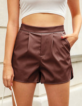 luvamia Faux Leather Shorts for Women High Wasited Pull On Pleated Side Slit Pleather Shorts with Elastic Waist Pockets