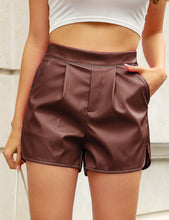 luvamia Faux Leather Shorts for Women High Wasited Pull On Pleated Side Slit Pleather Shorts with Elastic Waist Pockets