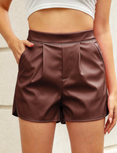 luvamia Faux Leather Shorts for Women High Wasited Pull On Pleated Side Slit Pleather Shorts with Elastic Waist Pockets