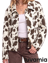 luvamia Faux Suede Cow Print Fall Jackets For Women Cropped Jacket Shacket Faux Leather, Full Lining, Button Down Shackets For Women With Pockets, Oversized Fall Outerwear, Cowgirl Outfits For Women