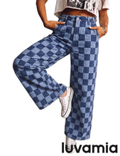 luvamia Checkered Pants Women High Rise Cinch-Waist Stretchy Wide Leg Jeans Adjustable Waist, Patterned Pants for Women, Baggy Jeans Y2K, Checkerboard Print, Alternative Clothes