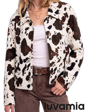 luvamia Faux Suede Cow Print Fall Jackets For Women Cropped Jacket Shacket Faux Leather, Full Lining, Button Down Shackets For Women With Pockets, Oversized Fall Outerwear, Cowgirl Outfits For Women