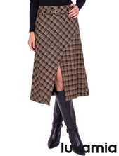 luvamia Plaid Midi Skirts for Women High Waist A-Line Fall Skirt with Belt Front Slit Opening, Asymmetrical Front Hem, Overlapping Front Panel, Diagonal Plaid Pattern, Back Elastic Waist, Fall Outfits