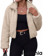 luvamia Faux Fur Jackets for Women Fall Cropped Coat Fuzzy Winter Outerwear Zip Up Front, Modern Retro Style, Lapel Collar, Drop Shoulder, Long Sleeve, Autumn Layering, City Chic Outerwear, Wide Collar