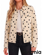 luvamia Jean Jacket Women Polka Dot Fall Stretch Denim Jacket With Pockets Classic Trucker Silhouette, Slightly Cropped Fit, Chest Flap Pockets, Button Front, Country Concert, Fall Outfits for Women