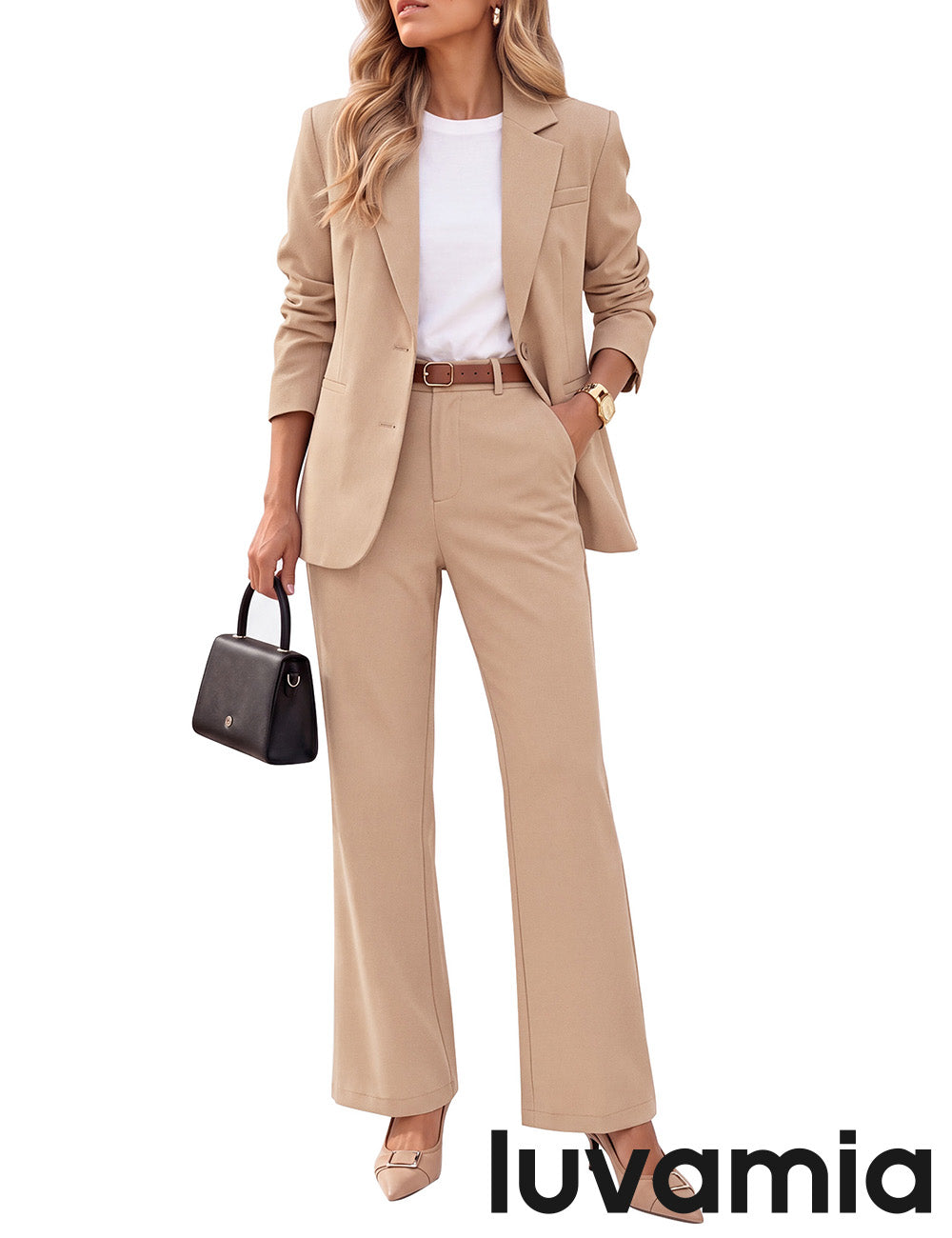 luvamia Pant Suits for Women 2 Piece Sets Business Casual Bootcut Pants Set Buttons Breasted Suit Jackets, High Waisted Bootcut Pants, 29