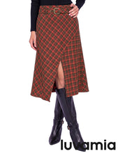 luvamia Plaid Midi Skirts for Women High Waist A-Line Fall Skirt with Belt Front Slit Opening, Asymmetrical Front Hem, Overlapping Front Panel, Diagonal Plaid Pattern, Back Elastic Waist, Fall Outfits