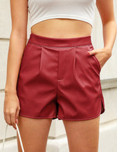 luvamia Faux Leather Shorts for Women High Wasited Pull On Pleated Side Slit Pleather Shorts with Elastic Waist Pockets