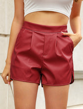 luvamia Faux Leather Shorts for Women High Wasited Pull On Pleated Side Slit Pleather Shorts with Elastic Waist Pockets