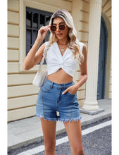 LUVAMIA Women's Stretch Denim Shorts High Waisted Raw Hem Jean