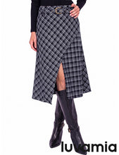 luvamia Plaid Midi Skirts for Women High Waist A-Line Fall Skirt with Belt Front Slit Opening, Asymmetrical Front Hem, Overlapping Front Panel, Diagonal Plaid Pattern, Back Elastic Waist, Fall Outfits