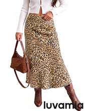 luvamia Women Satin Skirt Leopard Print Maxi Long Stretchy Elastic Skirts Cheetah Animal Print, Bias Cut Skirt, A-Line, High Waisted, Flowy Long Slip Skirts, Elastic Waistband, Fall Outfits for Women