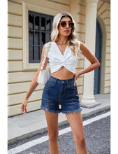 LUVAMIA Women's Stretch Denim Shorts High Waisted Raw Hem Jean