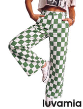 luvamia Checkered Pants Women High Rise Cinch-Waist Stretchy Wide Leg Jeans Adjustable Waist, Patterned Pants for Women, Baggy Jeans Y2K, Checkerboard Print, Alternative Clothes
