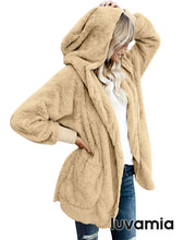 luvamia Women Fuzzy Fleece Open Front Pocket Hooded Cardigan Jacket Coat Outwear