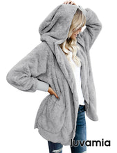 luvamia Women Fuzzy Fleece Open Front Pocket Hooded Cardigan Jacket Coat Outwear