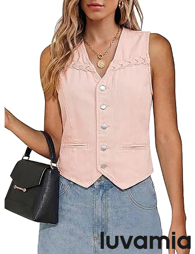 luvamia FleXclusive Denim Vest Women Trendy Button Down Braided Adjustable Waist Western Casual Sleeveless Jean Waistcoat Vests Top
