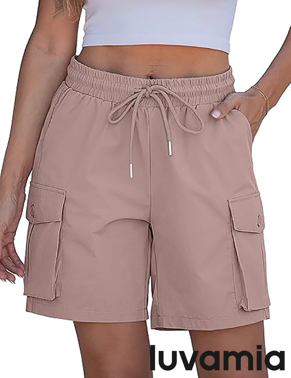 luvamia Hiking Shorts for Women High Waisted Pull On Cargo Casual Golf Water Resistant 7 Inch Inseam Mid Thigh Shorts