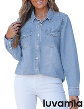 luvamia FleXclusive Denim Shirts for Women Long Sleeve Button Down Chambray Relaxed Fit Western Jean Shirts Casual Collared Jean Top