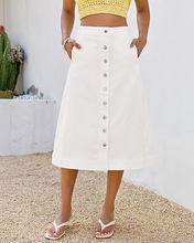 luvamia FleXclusive Jean Skirts for Women Trendy Midi Length A Line Western Casual Button Down Stretchy Denim Skirt with Pockets