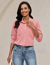 luvamia FleXclusive Denim Shirts for Women Long Sleeve Button Down Chambray Relaxed Fit Western Jean Shirts Casual Collared Jean Top