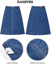 luvamia FleXclusive Jean Skirts for Women Trendy Midi Length A Line Western Casual Button Down Stretchy Denim Skirt with Pockets