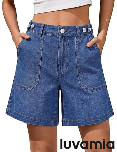 luvamia FleXclusive Jean Shorts for Women High Waisted Wide Leg Cinch Waist Stretchy Denim Mid Thigh Shorts Casual Summer Jorts