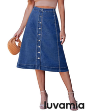 luvamia FleXclusive Jean Skirts for Women Trendy Midi Length A Line Western Casual Button Down Stretchy Denim Skirt with Pockets