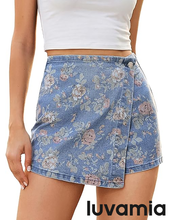 luvamia FleXclusive Denim Skorts for Woman Trendy Floral Print Faux Wrap Stretchy High Waisted Elasitc Waist Jean Shorts Skirt Skort