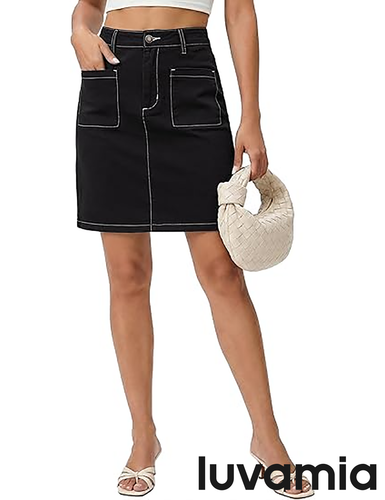 luvamia FleXclusive Jean Skirts for Women High Waisted Trendy Stretchy A-line Contrast Stitching Patch Pocket Short Denim Skirt