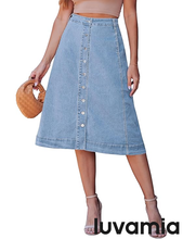 luvamia FleXclusive Jean Skirts for Women Trendy Midi Length A Line Western Casual Button Down Stretchy Denim Skirt with Pockets