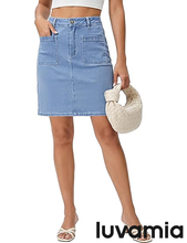 luvamia FleXclusive Jean Skirts for Women High Waisted Trendy Stretchy A-line Contrast Stitching Patch Pocket Short Denim Skirt