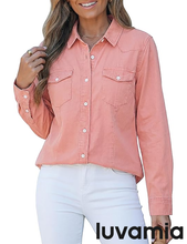 luvamia FleXclusive Denim Shirts for Women Long Sleeve Button Down Chambray Relaxed Fit Western Jean Shirts Casual Collared Jean Top
