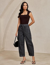 luvamia FleXclusive Barrel Jeans Women Trendy Striped Cropped High Waisted Pull On Elastic Waist Wide Leg Casual Stretch Denim Pants