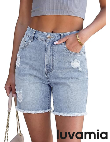 luvamia FleXclusive Jean Shorts for Women High Waisted Trendy Mid Thigh Distressed Ripped Frayed Stretchy Denim Shorts Cut Off Jorts
