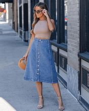 luvamia FleXclusive Jean Skirts for Women Trendy Midi Length A Line Western Casual Button Down Stretchy Denim Skirt with Pockets