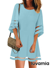 luvamia Women Dresses Casual Crewneck 3/4 Bell Sleeve Loose Mesh Panel Tunic Dress