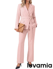 luvamia 2 Piece Sets for Women Blazer Pants Suits Business Casual Outfits Long Sleeve Belted Double Breasted Blazer, Elastic High Waisted Flared Pants, Dressy Pantsuits, Work Outfits for Women Office