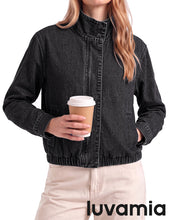 luvamia Jean Jacket Women Funnel Neck Zip Up Oversized Casual Denim Jackets Long Sleeve Short Jackets for Women, Elastic Hem Detail, Side Slant Pockets, Drop Shoulder, No Stretch, Western Fall Outfits