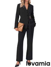 luvamia 2 Piece Sets for Women Blazer Pants Suits Business Casual Outfits Long Sleeve Belted Double Breasted Blazer, Elastic High Waisted Flared Pants, Dressy Pantsuits, Work Outfits for Women Office