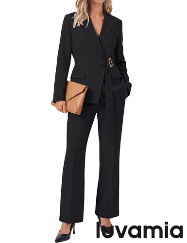 luvamia 2 Piece Sets for Women Blazer Pants Suits Business Casual Outfits Long Sleeve Belted Double Breasted Blazer, Elastic High Waisted Flared Pants, Dressy Pantsuits, Work Outfits for Women Office