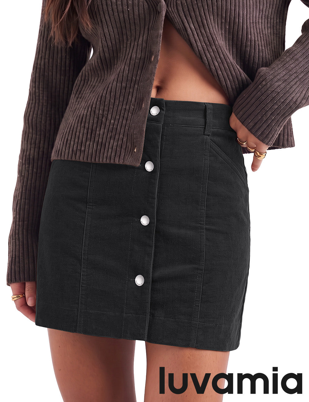luvamia Corduroy Skirt Women Button Fly Trendy Stretchy Short Fall Skirts Elastic Waist Back, Functional Pockets, Stretchy, Soft Corduroy, Fall Skirts For Women Dressy Casual, Fall Outfits For Women