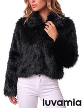 luvamia Faux Fur Jackets for Women Shaggy Crop Coats Fall Winter Outerwear Hook Closure, Long Sleeve, Lapel Collar, Date Night Outfit, Drop Shoulder, Clean Front Design, Long Pile Texture, Solid Color