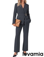 luvamia 2 Piece Sets for Women Blazer Pants Suits Business Casual Outfits Long Sleeve Belted Double Breasted Blazer, Elastic High Waisted Flared Pants, Dressy Pantsuits, Work Outfits for Women Office